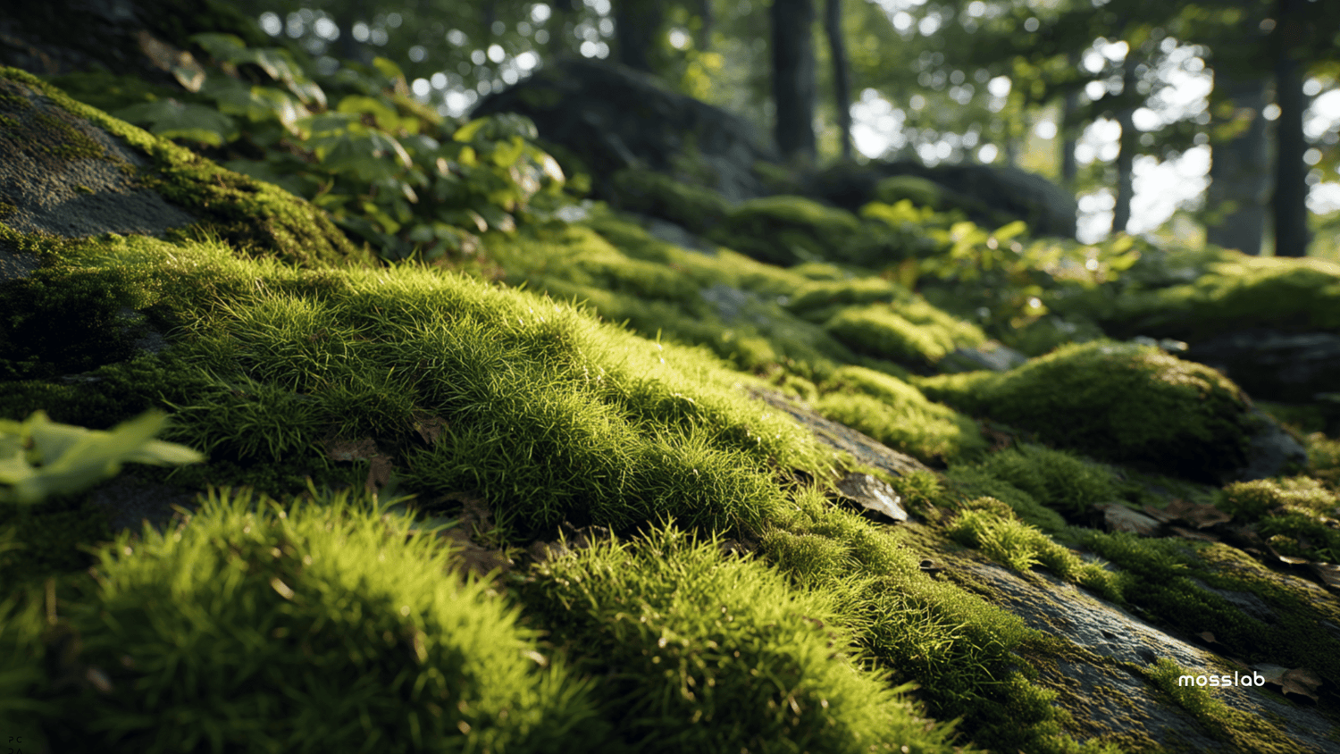 Serene moss garden with stepping stones and various moss species creating lush green carpets in dappled forest light