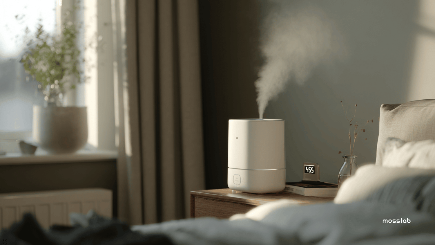 Cool mist humidifier on a bedside table emitting visible mist in a modern bedroom with hygrometer showing optimal 45% humidity for congestion relief