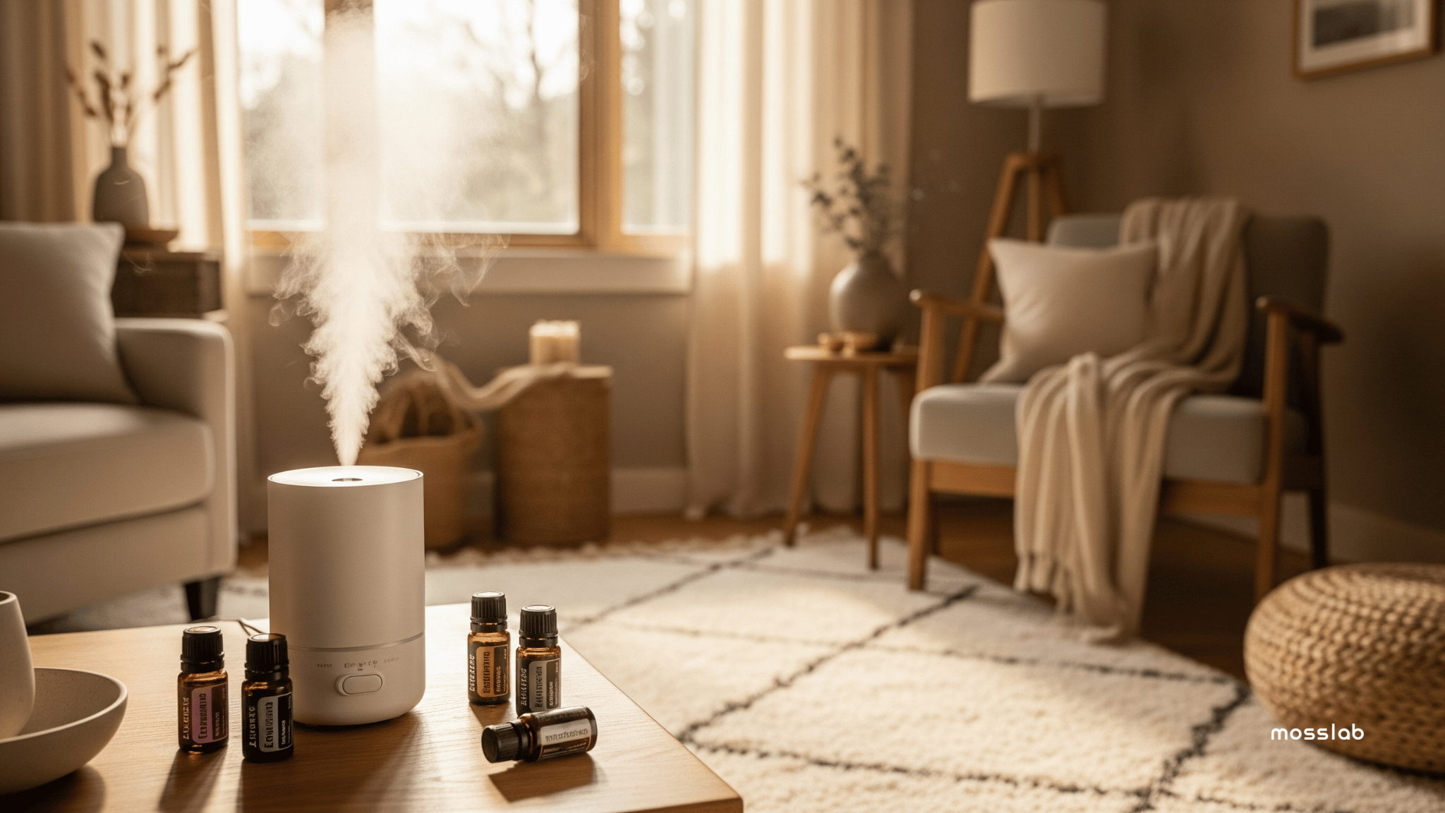 Ultrasonic humidifier dispersing essential oil mist next to lavender, eucalyptus, and peppermint oils in a calming, modern home interior