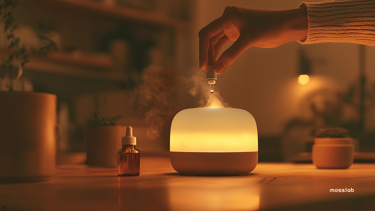 warm setting, person dropping essential oil into a diffuser