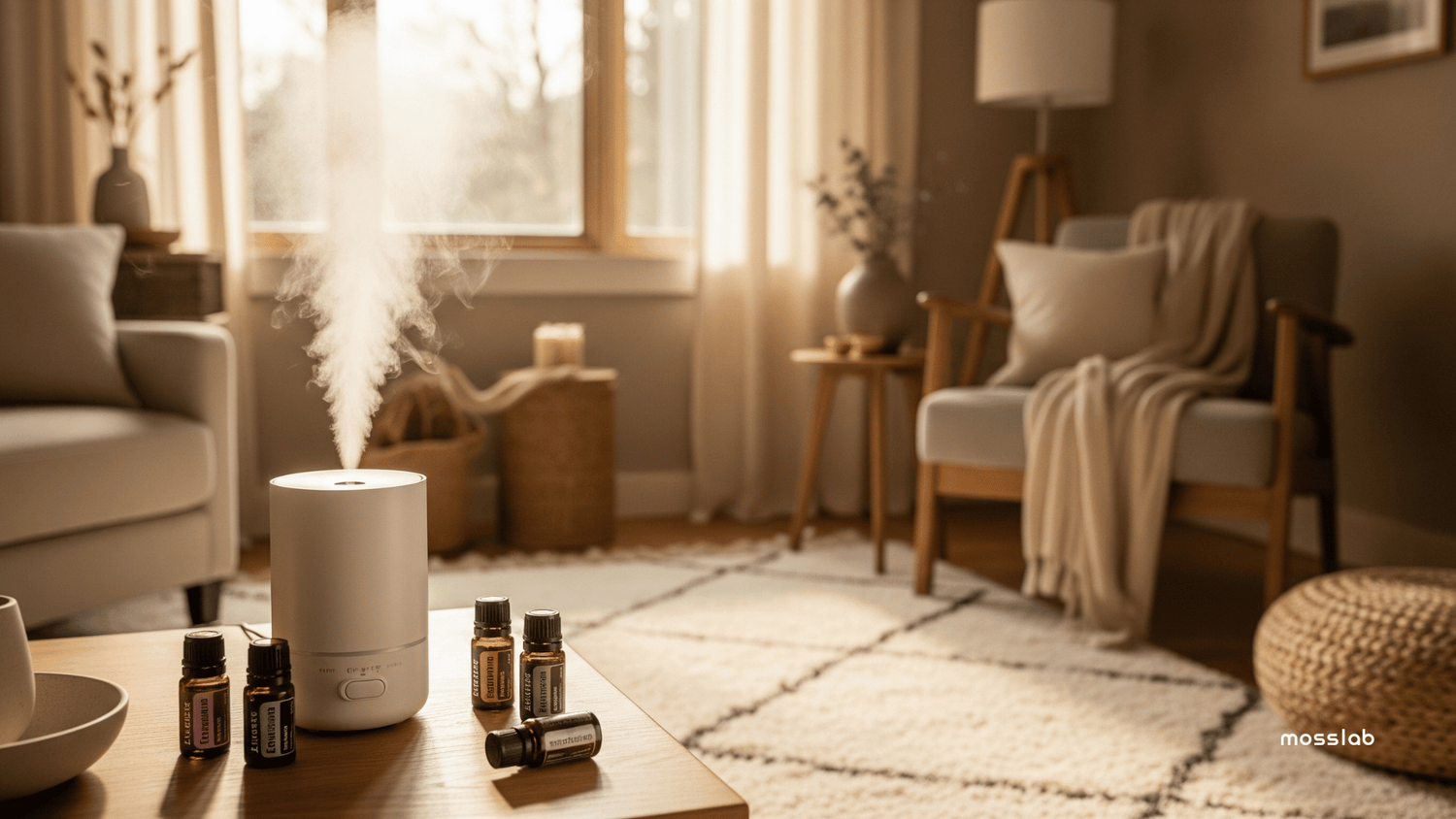 Ultrasonic humidifier dispersing essential oil mist next to lavender, eucalyptus, and peppermint oils in a calming, modern home interior